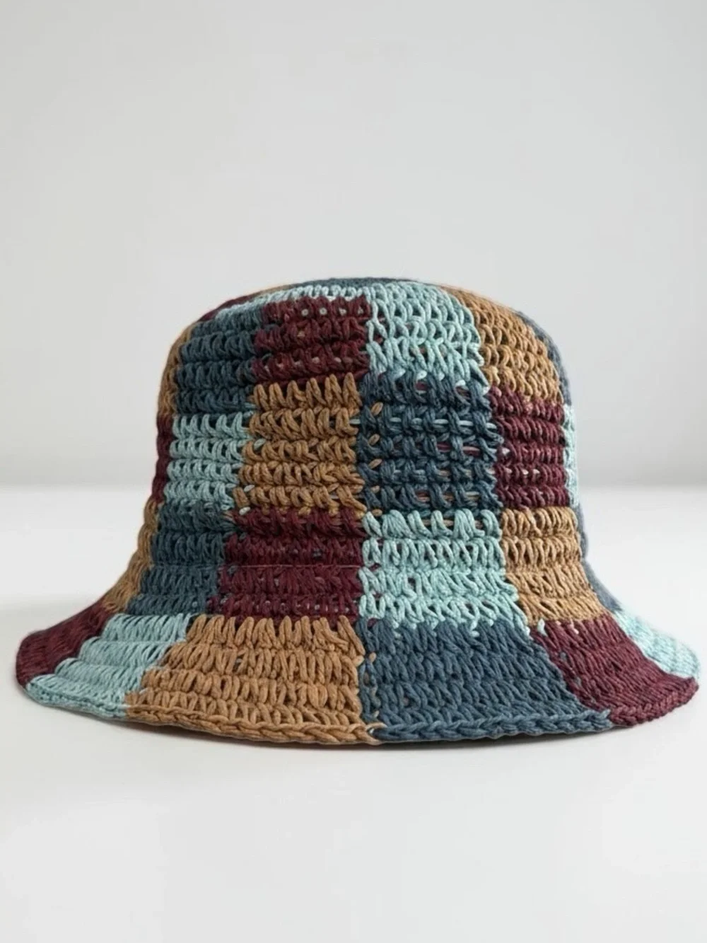 Wyeth Gabby Checkerboard Bucket Hat Paper Crochet Tan Blue Burgundy New w/ Tags!